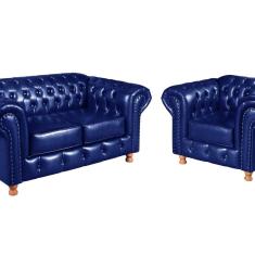 Conjunto Sofá 2 Lugares e Poltrona Luis XV Chesterfield Vintage Azul