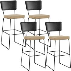 Kit 04 Banquetas Altas Preto Linho Bege Escuro