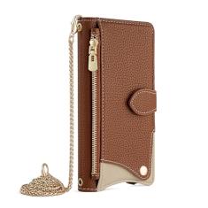 HAO RIYLN Capa carteira para Samsung Galaxy S24 Ultra/S24 Plus/S24, capa de telefone flip de couro elegante com compartimento para cartão com zíper espelho corrente de metal capa à prova de choque,