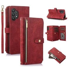 UEEBAI Capa para Samsung Galaxy A32 5G, 9 compartimentos para cartões, carteira de couro retrô à prova de choque, capa flip com alça de mão, compartimentos para cartões, bolso com zíper, suporte,