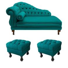 Recamier Divã Namoradeira Larissa 150cm + 2 Puffs Retrô Suede Azul Tur