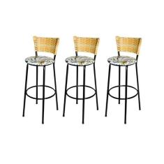 Jogo 3 Banqueta Alta Para Cozinha Ratan Palha Preta Estofado Floral - 
