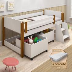 Cama Naty Solteira Design Infantil Com Nichos E Colchão Divaloto - Branco/Amêndoa - Branco