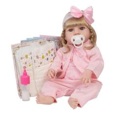 Boneca Reborn Gatinha Loira Cabelo Longo Com Vários Itens - Cegonha Re