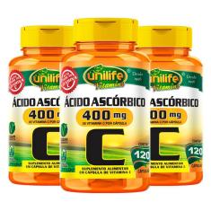 Kit 3 Vitamina C ácido Ascórbico Unilife 120 Capsulas Veganas