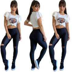 Calça Feminina Lycra Gloss Com Abertura Joelho Cós Alto