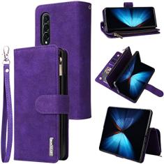 LBYZCASE Capa para Galaxy Z Fold 5 5G 2023 com compartimentos para cartão, flip durável com fecho magnético de couro com zíper e alça de pulso feminina masculina capa para Samsung Galaxy Z Fold 5