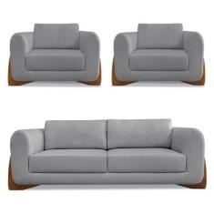 Kit 2 Poltronas e Sofá Living 2 Lugares 1,80m Lottus Linho Pés Castanh