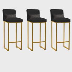 Kit 03 Banqueta Alta com Encosto Lucca Industrial Cozinha Balcão Ferro Dourado Corino Preto e Almofada Cinza - Ahazzo Móveis
