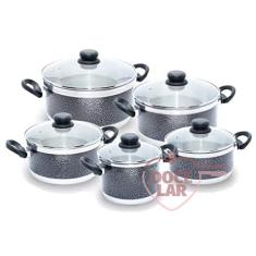 Conjunto 5 Panelas Alumínio Grosso Tampa de Vidro Craqueada Doce Lar