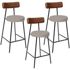Kit 03 Banquetas Baixa Cozinha Sala De Jantar Milão L02 Couríssimo Marrom Linho Bege - Lyam Decor