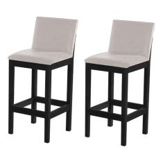 Kit 2 Banquetas Alta Pérola com Encosto Estofado Linho Bege Madeira Maciça Preto