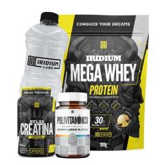 Mega Whey + Atlas Creatina 60 Caps + Polivitamínico 30 caps  + Galão Cristal 1L-Unissex