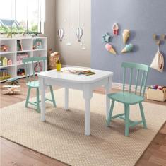 Mesa Infantil com 2 cadeiras Mariah Madeira Maciça e Laca Casatema Branco/Menta