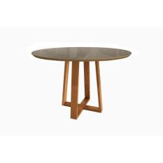 Mesa Multiuso Cozinha Elma Madeira Maciça Com Tampo Madeirado Com Vidro 120x120cm Carvalho Bronze Kappesberg