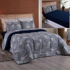 Coordenado Edredom E Lençol Queen Malha Fio Penteado Marinho - Casa Sh