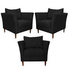 Kit 3 Poltronas Decorativa Sala de Estar Pés Palito Lubbock Couro Preto - Gran Belo