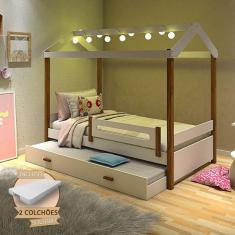 Bicama Solteiro Com Colchões E Led Casinha Montessoriana Eliz Proteção Branco/Mel - Cor: Branco