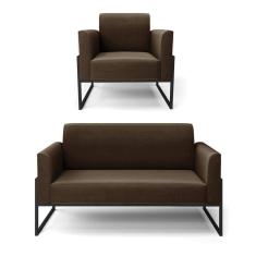 Sofá Namoradeira com Poltrona Base Industrial Alta Preto Marisa Suede Marrom D03 - D`Rossi