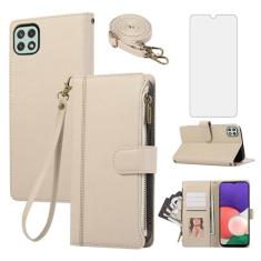 Asuwish Capa de celular para Samsung Galaxy A22 5G com zíper carteira celular com protetor de tela de vidro temperado alça transversal cordão suporte para cartão de crédito couro A 22 22A A22s G5