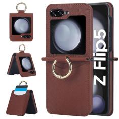 Capa de couro pu com bolso para cartão com padrão cruzado, capa de telefone com anel para Samsung Galaxy Z Flip 3 4 5 6, marrom, para Z Flip 3