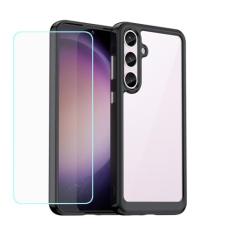 EUAGVQY Capa para Samsung S24 Plus Galaxy S24 Plus, com filme de vidro temperado, revestimento traseiro de acrílico transparente colorido TPU, amortecedor à prova de choque, capa protetora para