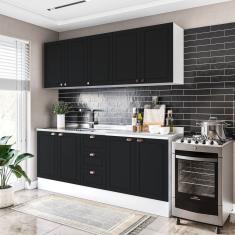 Cozinha Pérola com Rodapé 4 Peças Aéreos com 5 Portas, Balcão 2 Gavetas 3 Portas e Balcão 2 Portas Y Branco/Preto