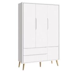 Guarda Roupa Infantil Theo 3 Portas Branco Acetinado com Pés Madeira N