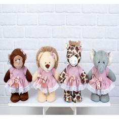 KIT SAFARI VESTIDO COM LESE PELUCIA EM PÉ 20cm - LEÃO, ELEFANTE, MACAC
