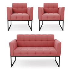 Kit 1 Sofá Namoradeira e 2 Poltronas Elisa Suede Rosê Base Metálica Industrial Preto D03 - D'Rossi