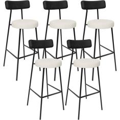 Kit 05 Banquetas Alta Cozinha Sala Jantar Milão L02 Couríssimo Preto Linho Champagne - Lyam Decor