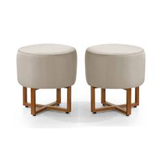 Kit 2 Pufes Banqueta Redonda Para Sala Decoração Interior Pes Ferro Cobre Tecido Bege
