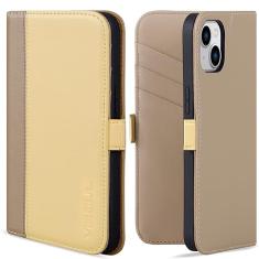 VISOUL Capa de couro para iPhone 15, capa carteira de couro genuíno para iPhone 15 com compartimento para cartões, fecho magnético, capa de telefone flip compatível com iPhone 15 (6,1 polegadas)