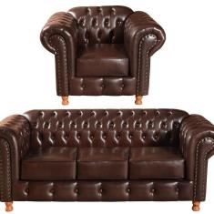 Conjunto De Sofá 3 Lugares E 1 Poltrona Chesterfield Luís Xv Café