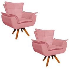 Kit 2 Poltronas Decorativas Sala de Estar Base Giratória Madeira Opla 
