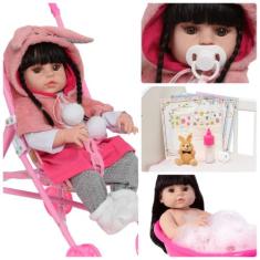 Boneca Reborn Recém Nascida Coelhinha Morena Com Carrinho - Cegonha Re