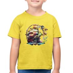 Camiseta Algodão Infantil Navio e Flores - Foca na Moda, Amarelo canár