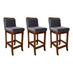 Kit 3 Banquetas Média para Cozinha Turim Madeira Castanho Suede CCS - 