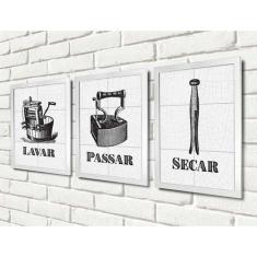 Quadros para Lavanderia - Lavar, Secar, Passar - Quadro Novo, Branco, 