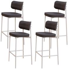 Kit 04 Banquetas Alta Bar Cozinha Sala De Jantar Aço Branco Kaira C01 Linho Preto - Lyam Decor