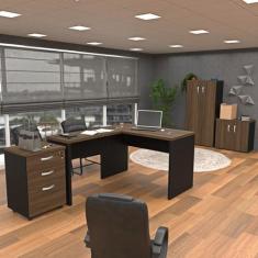 Conjunto 4 Peças com Mesa para Escritório em L, Gaveteiro e 2 Armários