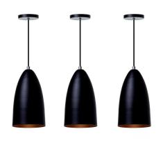 Kit 3 Lustre Pendente Bala M Preto Alumínio Decoração