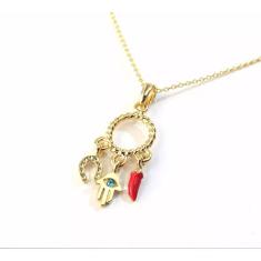 Colar Cordão Pimenta Sorte Mão De Fátima Folheado 18k