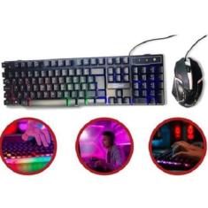 Kit Teclado E Mouse Gamer Rgb Preto Multimídia Usb Pc Led