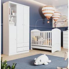 Quarto de Bebê Compacto com Berço e Guarda Roupa Lápis de Cor Espresso Móveis Branco e Branco/Rosa Chá