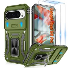Capa para Google Pixel 9/Pixel 9 Pro com [2 unidades] protetor de tela HD + capa de câmera deslizante, suporte de anel de rotação de 360° [grau militar], capa protetora para celular à prova de choque,