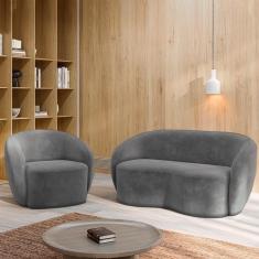 Conjunto 1 Sofá Living 160cm E 1 Poltrona íbis Encosto Fixo Veludo Grafite G33 - Gran Belo