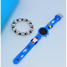 Kit Relógio Infantil Digital Led Branco Redondo Pulseira Silicone Desenho Animado 3D + Pulseira Miçangas Esportes Menino