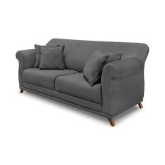 Sofá 3 Lugares Pé De Madeira Julieta 200 Cm Suede Cinza S04 - D'rossi
