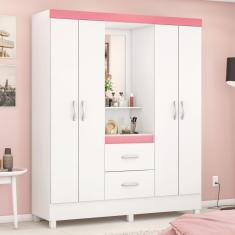 Guarda Roupa Solteiro Essen 4 Portas 2 Gavetas MDP Branco-Rosa-Branco Demóbile